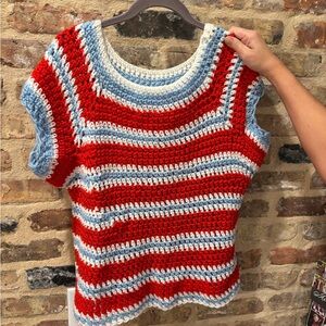 Striped Red and Blue Handmade sweater made with cotton/ acrylic yarn.